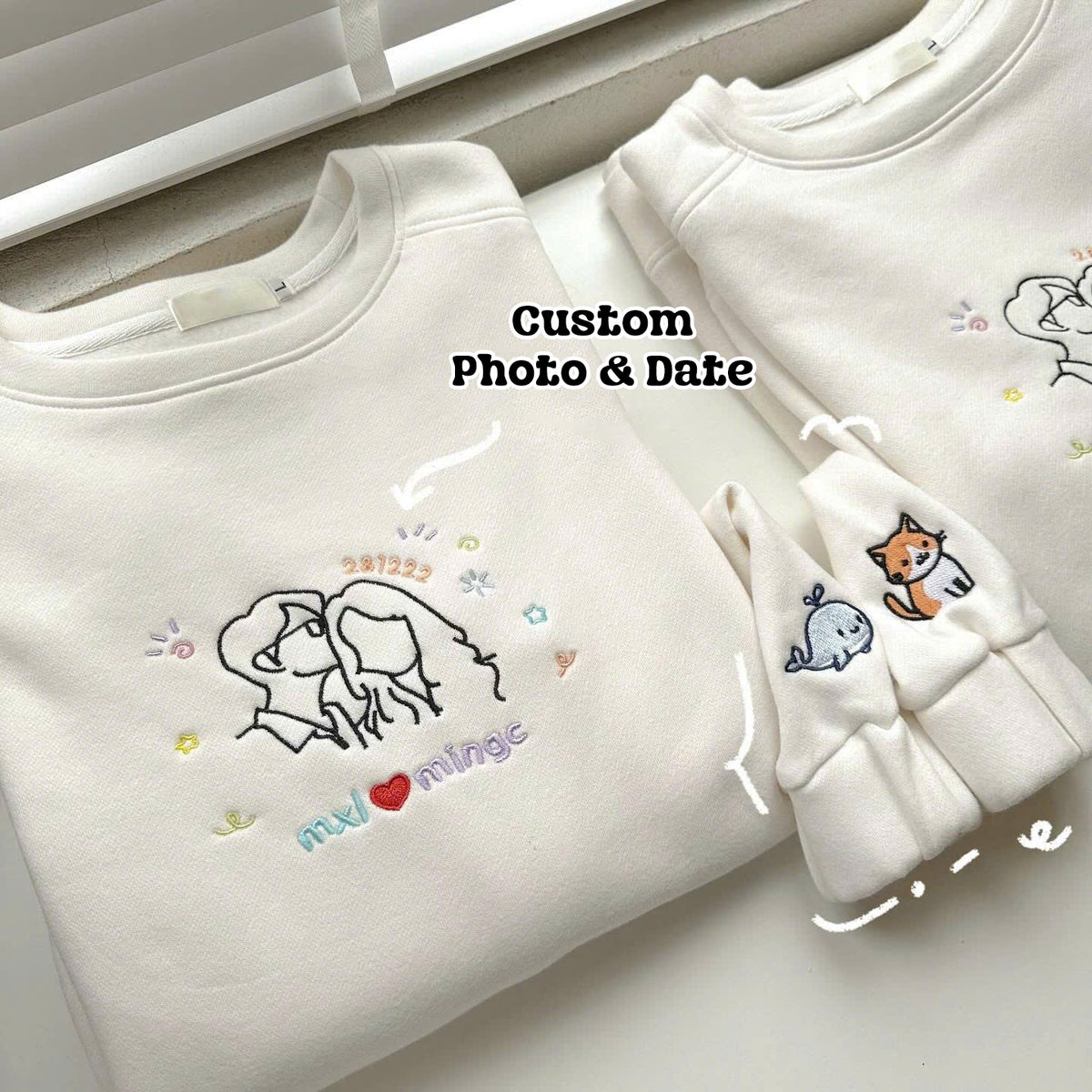 Valentine Personalized Embroidered Couple Outline Photo Hoodie Sweatshirt T-Shirt