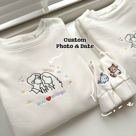Valentine Personalized Embroidered Couple Outline Photo Hoodie Sweatshirt T-Shirt