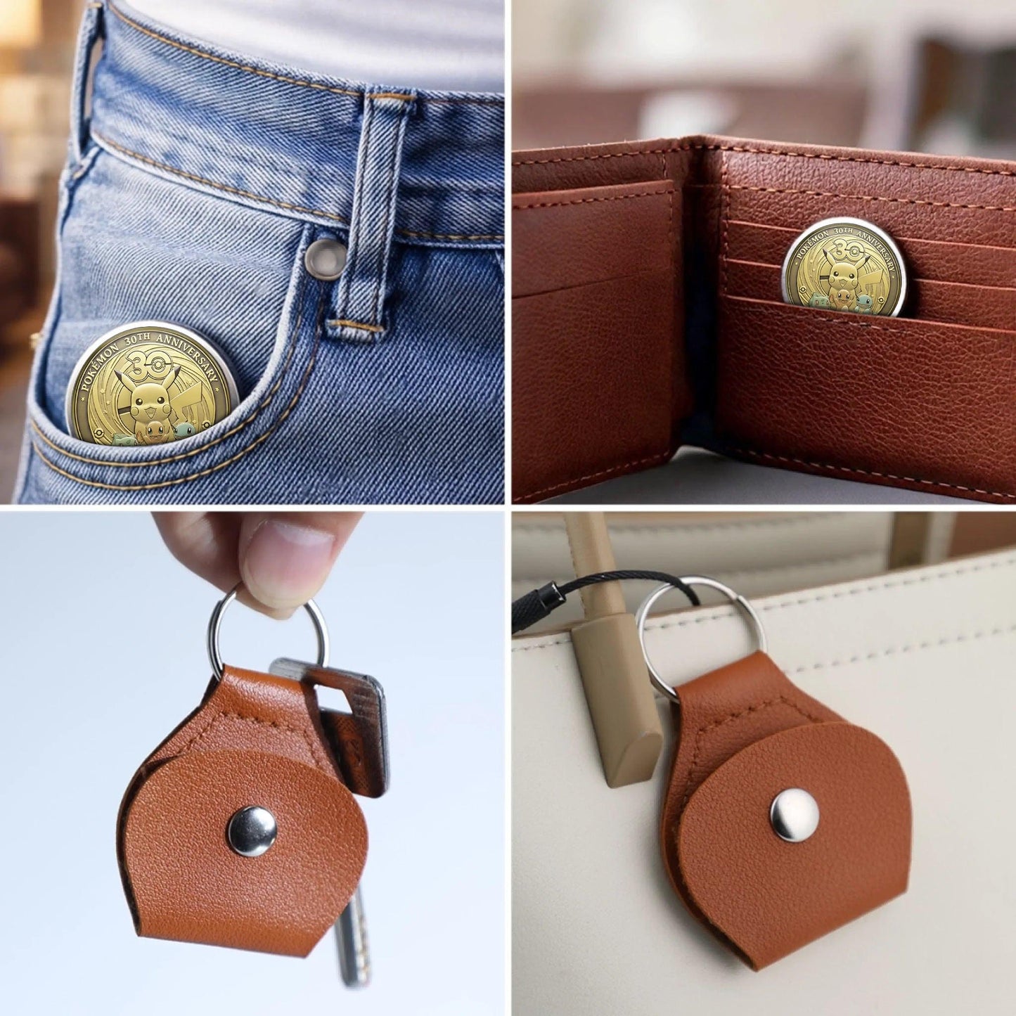 Pokémon 30th Anniversary Printed Commemorative Coin With Pocket Hug Leather Keychain