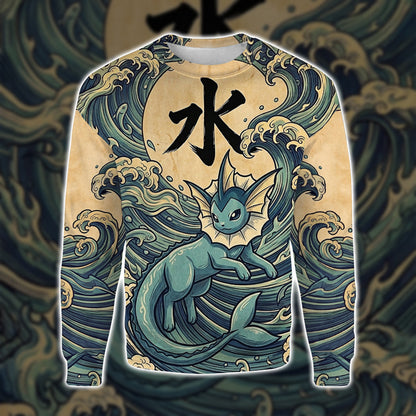 Anime PKM Vaporeon Japanese Kanji Aesthetic All Over Printed Sweatshirt Hoodie Zip Hoodie T-Shirt