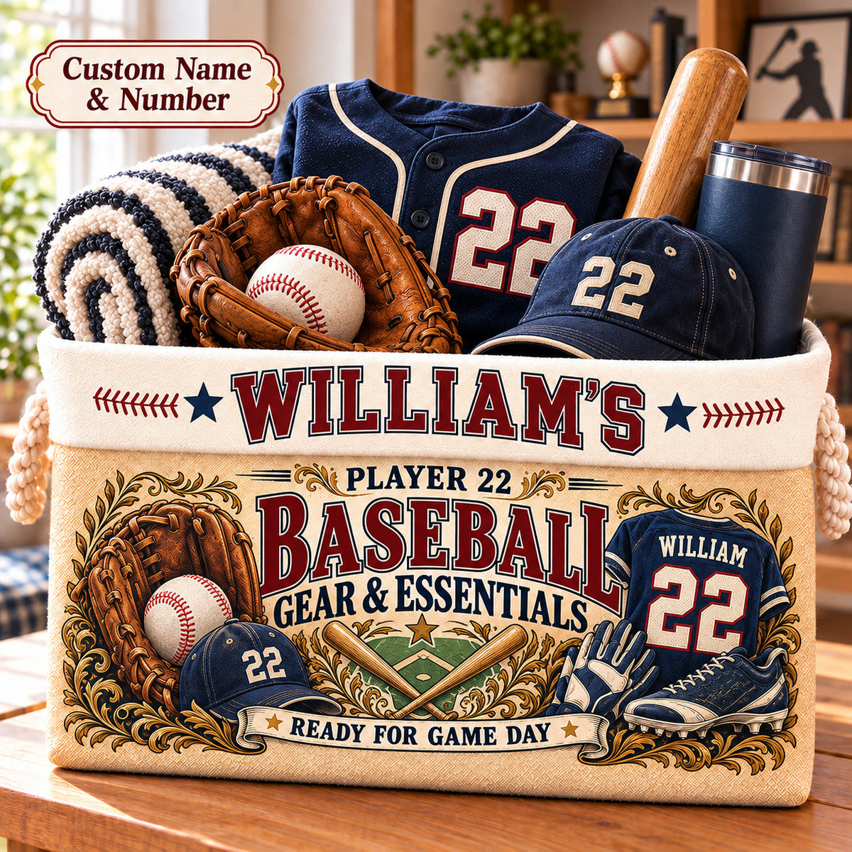 Personalized Baseball Storage Basket, Custom Name and Jersey Number, Vintage Sports Decor, Player Gift