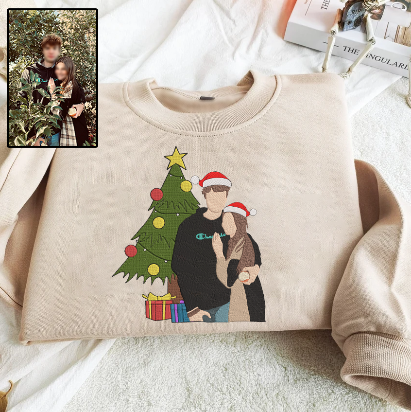 Christmas Embroidered Couple Photo Hoodie Sweatshirt T-Shirt