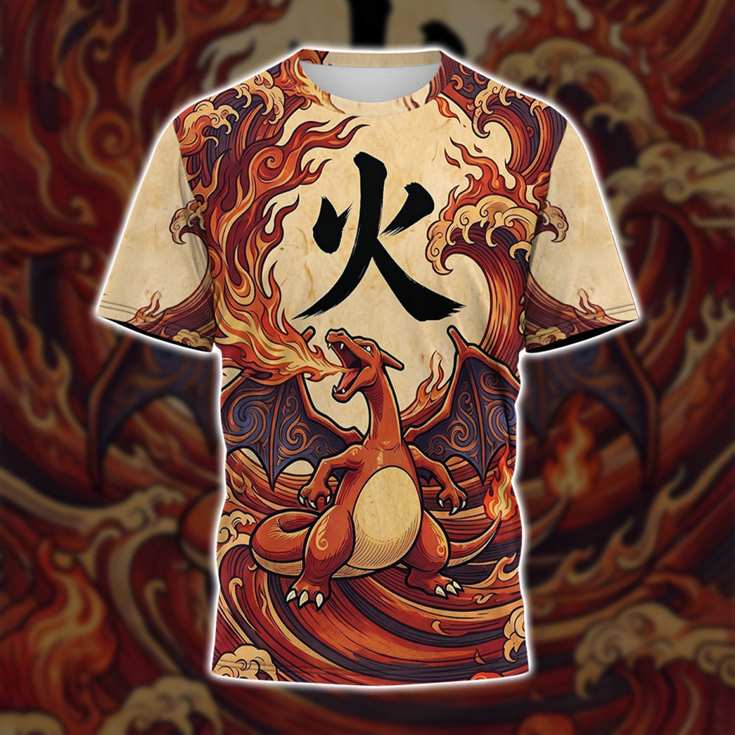 Anime PKM Charizard Japanese Kanji Aesthetic All Over Printed Sweatshirt Hoodie Zip Hoodie T-Shirt