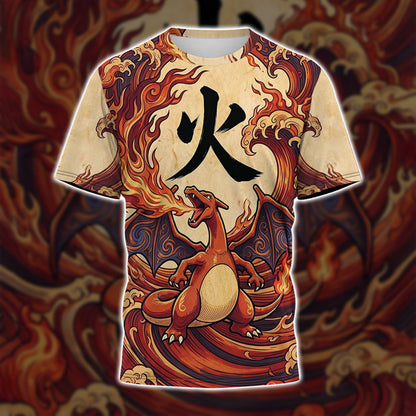 Anime PKM Charizard Japanese Kanji Aesthetic All Over Printed Sweatshirt Hoodie Zip Hoodie T-Shirt