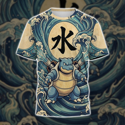 Anime PKM Blastoise Japanese Kanji Aesthetic All Over Printed Sweatshirt Hoodie Zip Hoodie T-Shirt