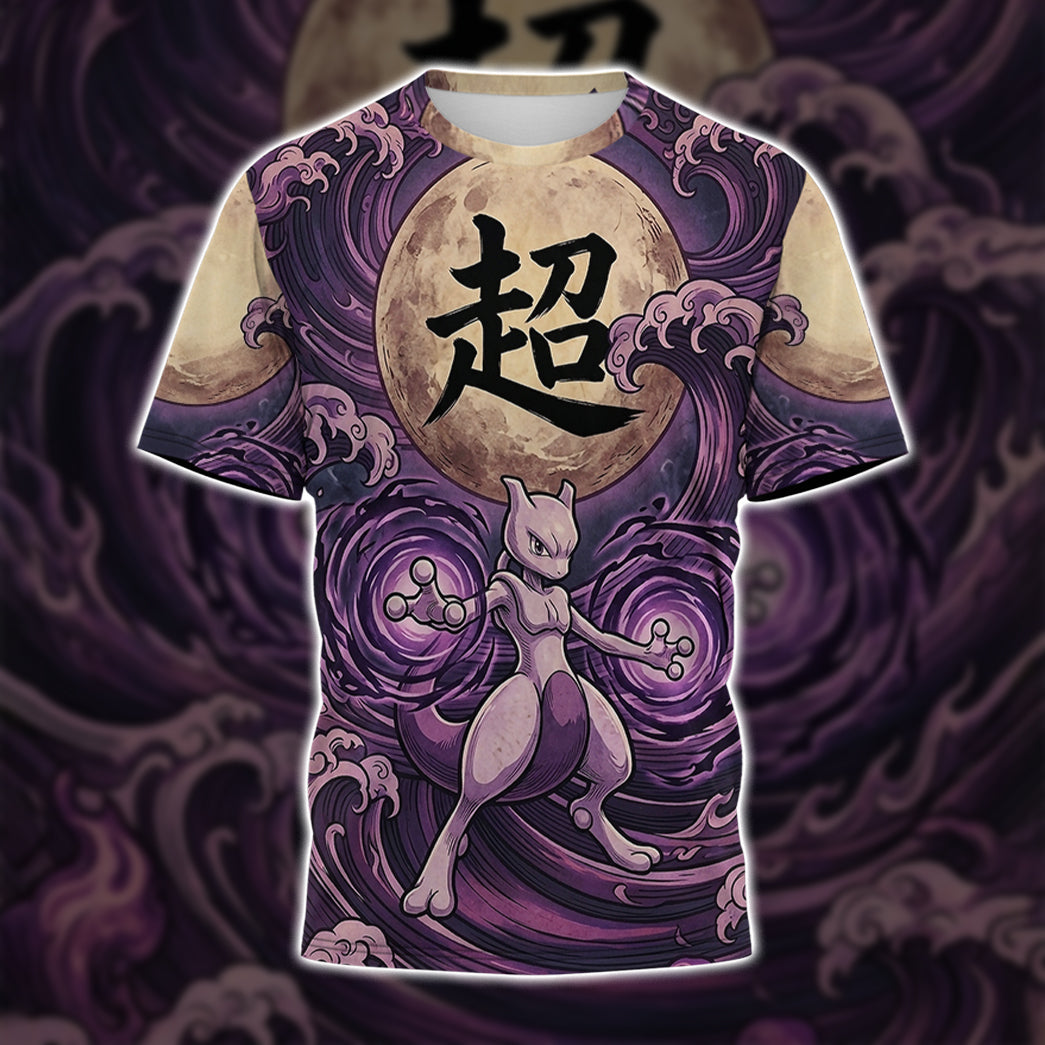 Anime PKM Mewtwo Japanese Kanji Aesthetic All Over Printed Sweatshirt Hoodie Zip Hoodie T-Shirt