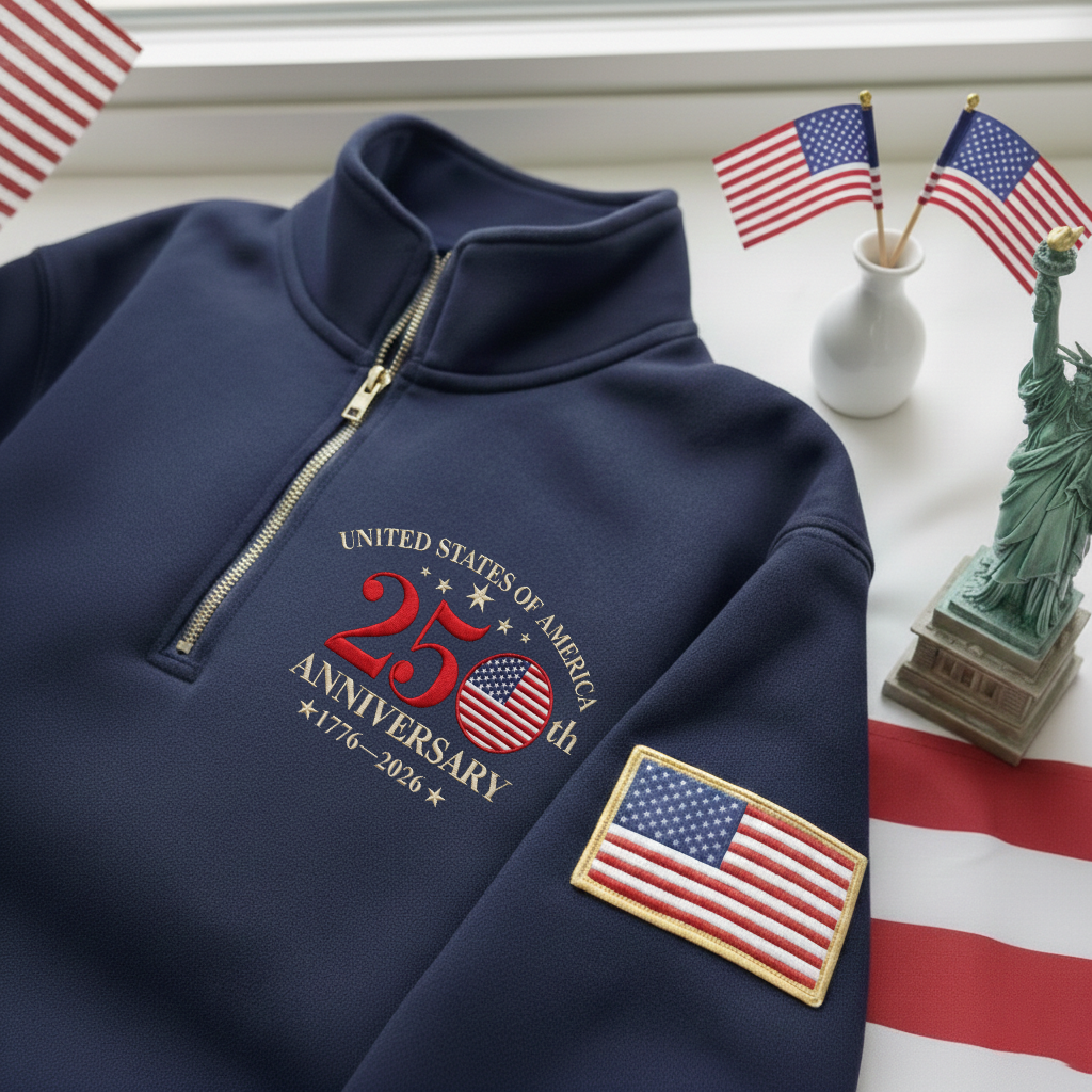 Embroidered The US 250th Anniversary Independence Day With Name On Sleeve Quarter-Zip Sweatshirt, Hoodie Sweatshirt T-Shirt