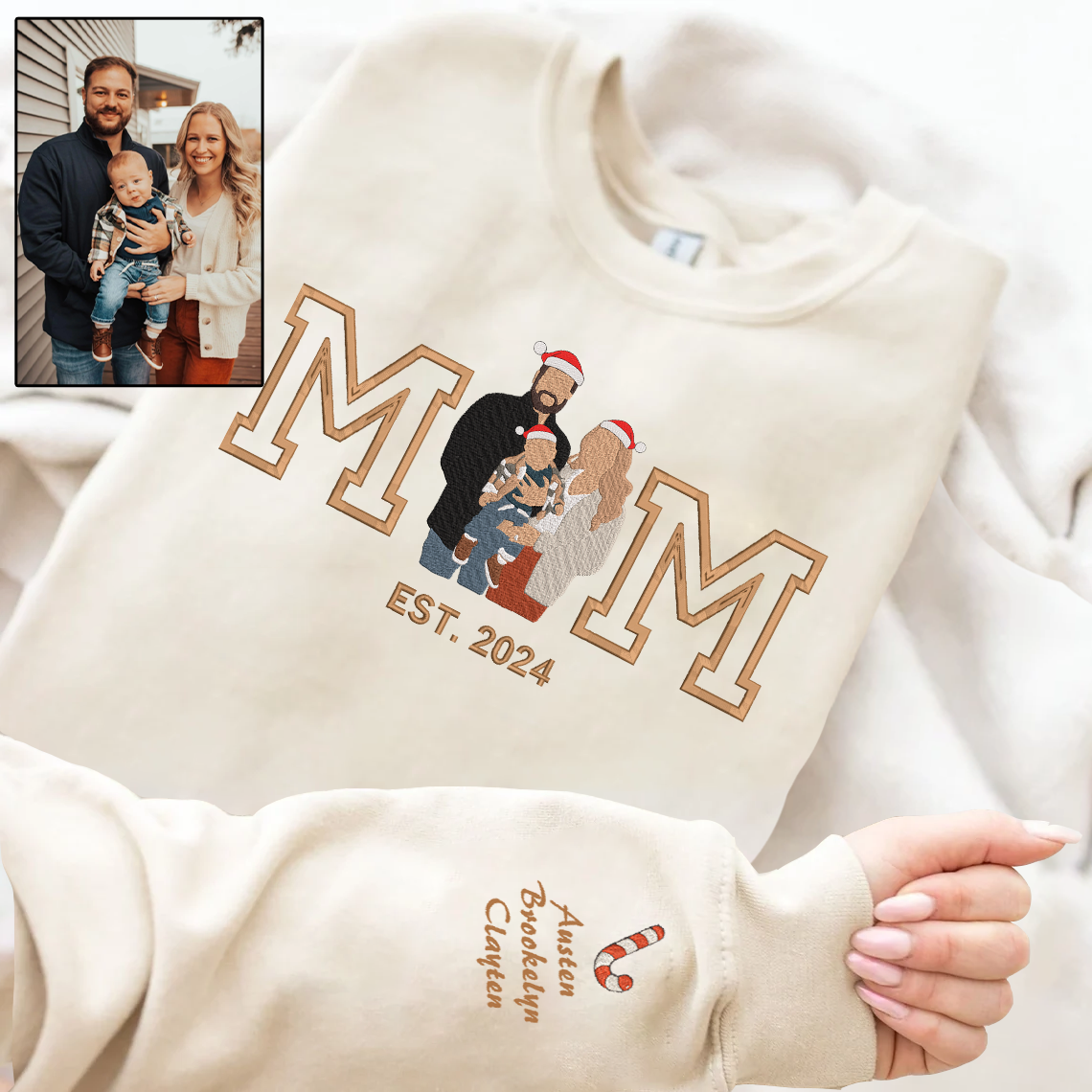 Christmas Embroidered Family Photo Custom Text Hoodie Sweatshirt T-Shirt