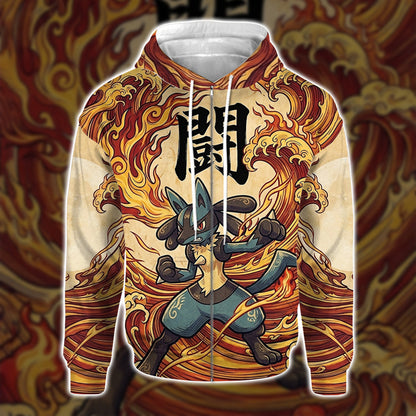 Anime PKM Lucario Japanese Kanji Aesthetic All Over Printed Sweatshirt Hoodie Zip Hoodie T-Shirt