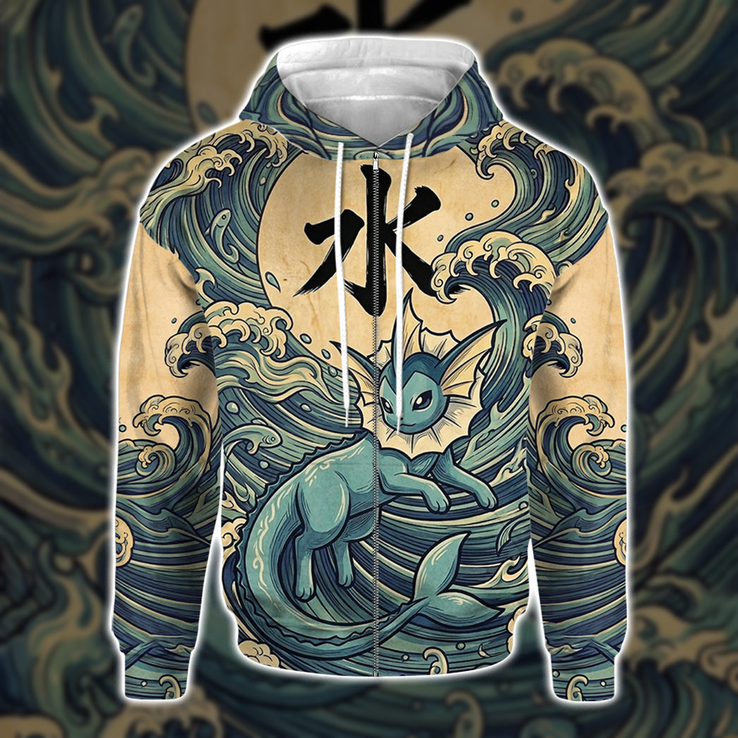 Anime PKM Vaporeon Japanese Kanji Aesthetic All Over Printed Sweatshirt Hoodie Zip Hoodie T-Shirt