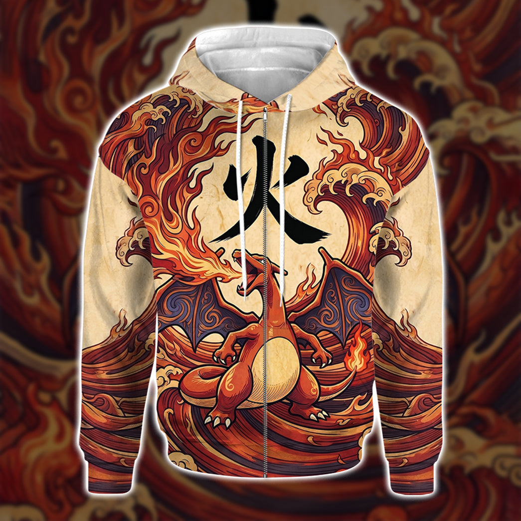 Anime PKM Charizard Japanese Kanji Aesthetic All Over Printed Sweatshirt Hoodie Zip Hoodie T-Shirt