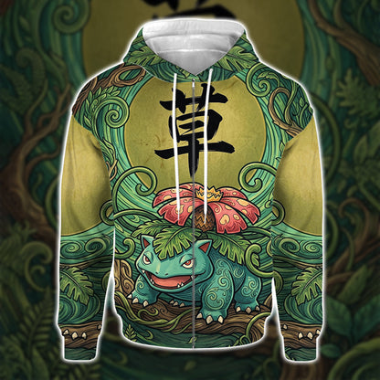 Anime PKM Venusaur Japanese Kanji Aesthetic All Over Printed Sweatshirt Hoodie Zip Hoodie T-Shirt