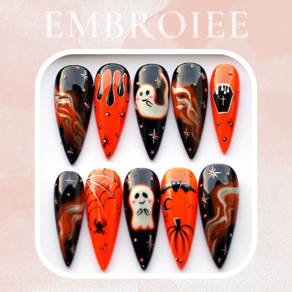 Orange Bleeding Halloween Hand-painted Press On Nails