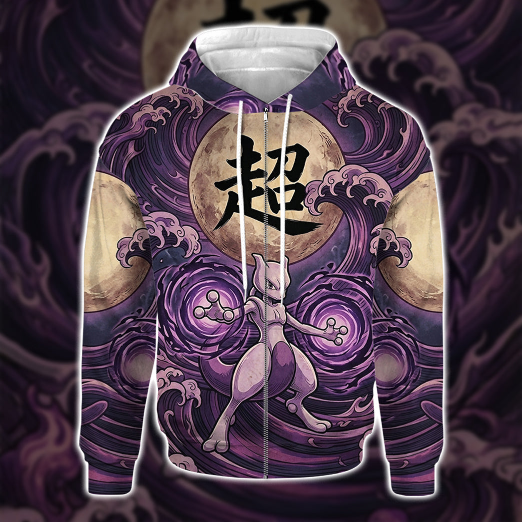 Anime PKM Mewtwo Japanese Kanji Aesthetic All Over Printed Sweatshirt Hoodie Zip Hoodie T-Shirt
