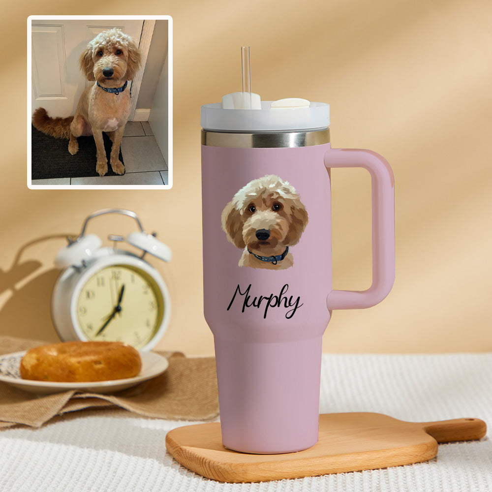 Pet Dog Cat Personalized Text 40oz Insulated Mug with Handle and Straw Stainless Steel Custom Travel Cup Gift for Family Friends Couples