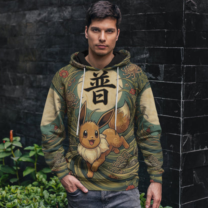 Anime PKM Eevee Japanese Kanji Aesthetic All Over Printed Sweatshirt Hoodie Zip Hoodie T-Shirt