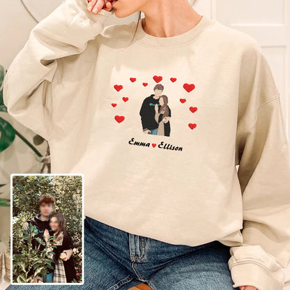 Valentine Personalized Embroidered Couple Photo With Hearts Hoodie Sweatshirt T-Shirt