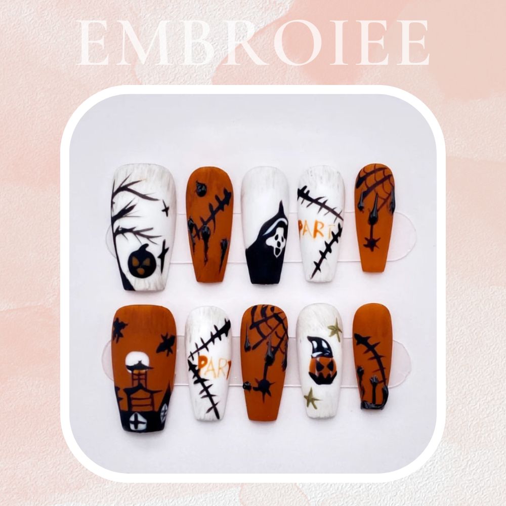 Classy Orange and White Halloween Hand-painted Press On Nails