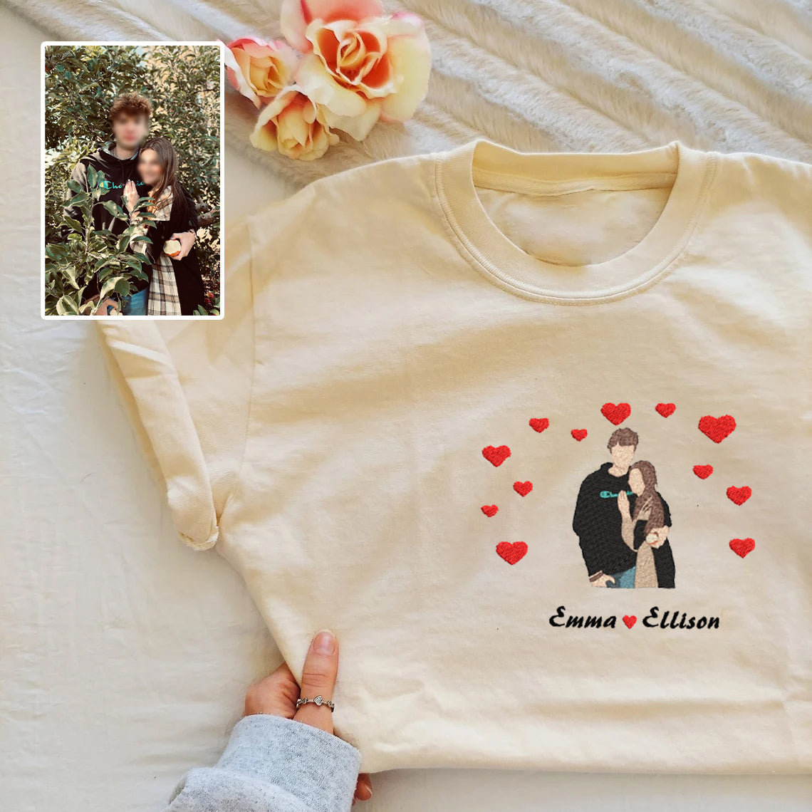 Valentine Personalized Embroidered Couple Photo With Hearts Hoodie Sweatshirt T-Shirt