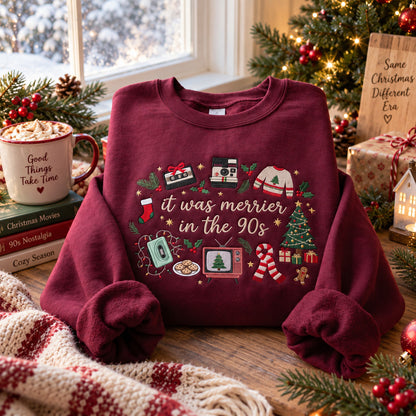It Was Merrier in the 90s Embroidered Christmas Sweatshirt, Retro Holiday Crewneck - DL09041026