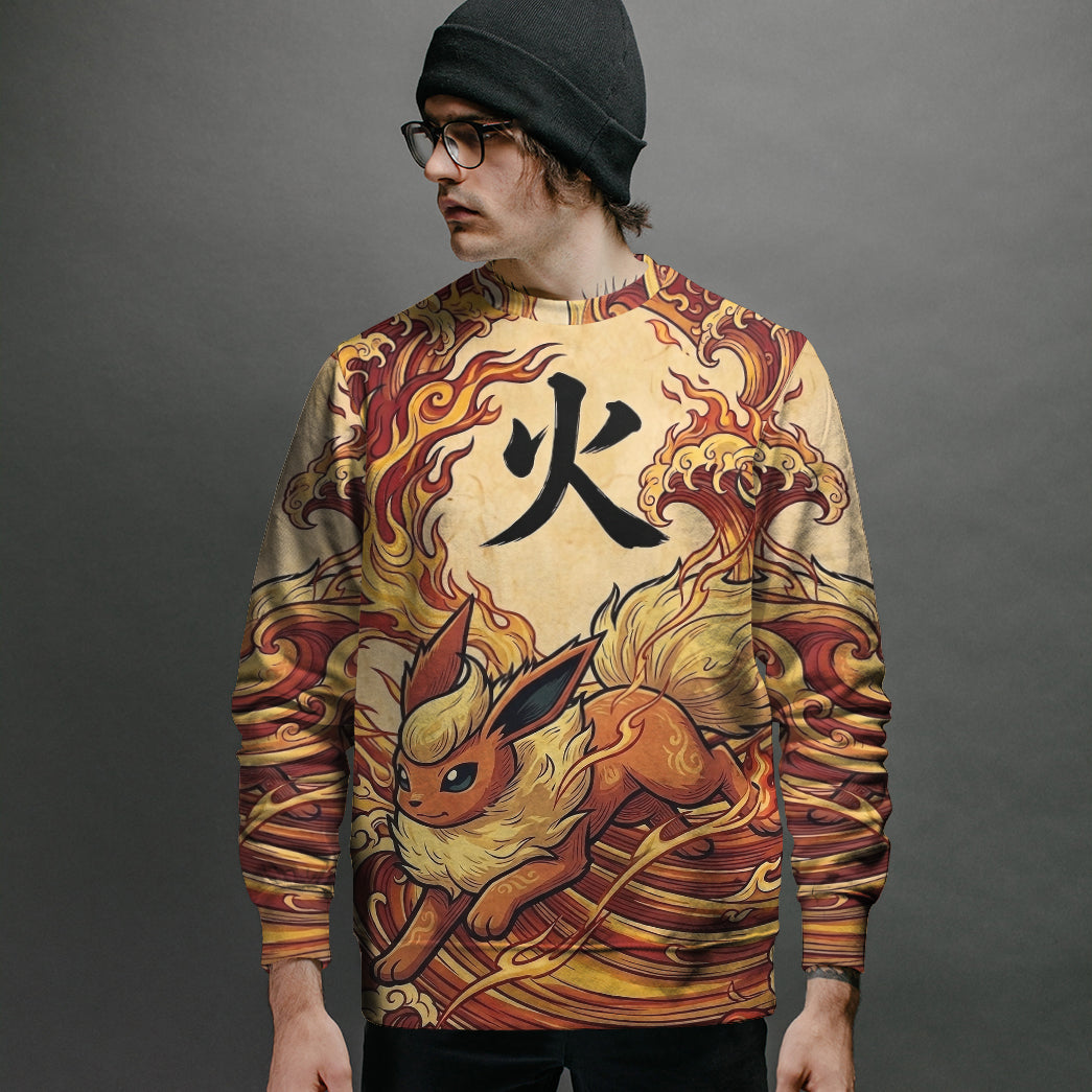 Anime PKM Flareon Japanese Kanji Aesthetic All Over Printed Sweatshirt Hoodie Zip Hoodie T-Shirt