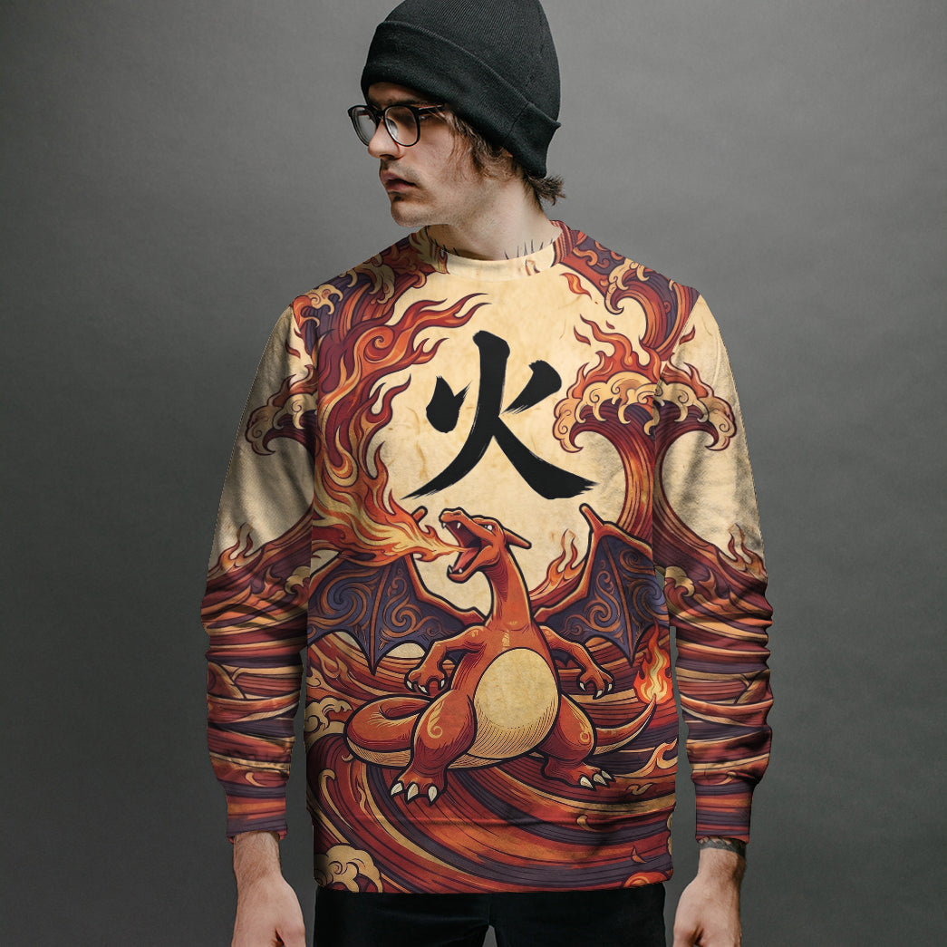 Anime PKM Charizard Japanese Kanji Aesthetic All Over Printed Sweatshirt Hoodie Zip Hoodie T-Shirt