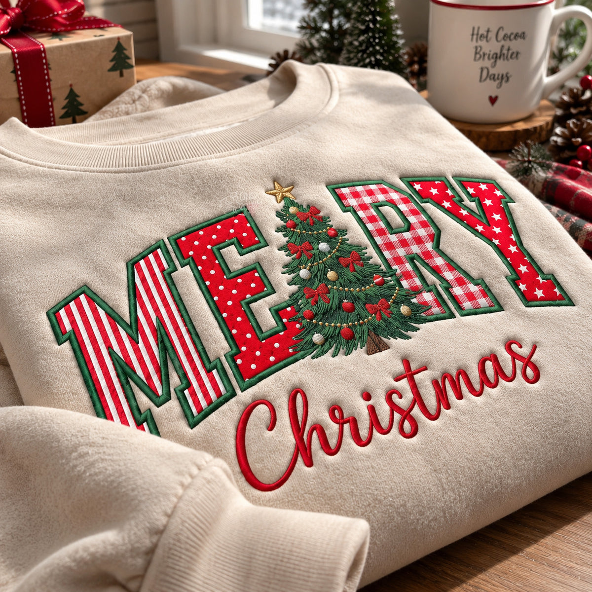 Christmas Tree Embroidered Sweatshirt, Merry Christmas Crewneck with Red and Green Patchwork Lettering - DL03190926