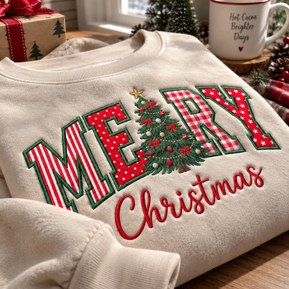 Christmas Tree Embroidered Sweatshirt, Merry Christmas Crewneck with Red and Green Patchwork Lettering - DL03190926