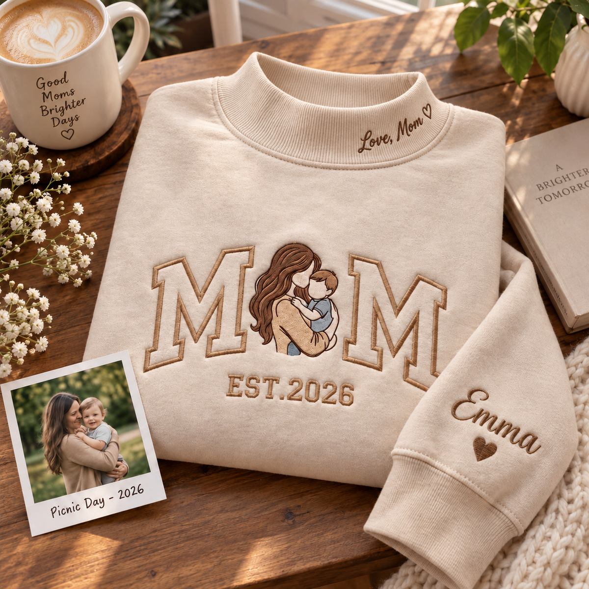 Personalized Embroidered Mom Custom Message On Neck Sweatshirt, Quarter-Zip Sweatshirt