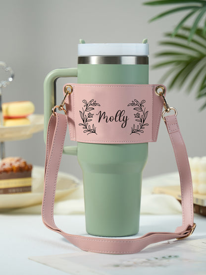 Custom Floral Pattern Water Bottle Carrier Bag with Adjustable Strap for 40oz Stanley Tumbler Gift for Women