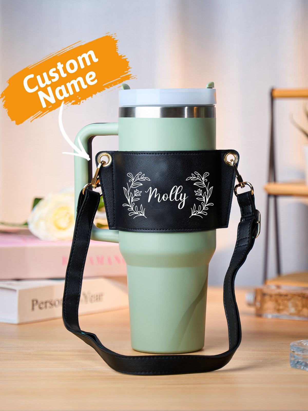 Custom Floral Pattern Water Bottle Carrier Bag with Adjustable Strap for 40oz Stanley Tumbler Gift for Women
