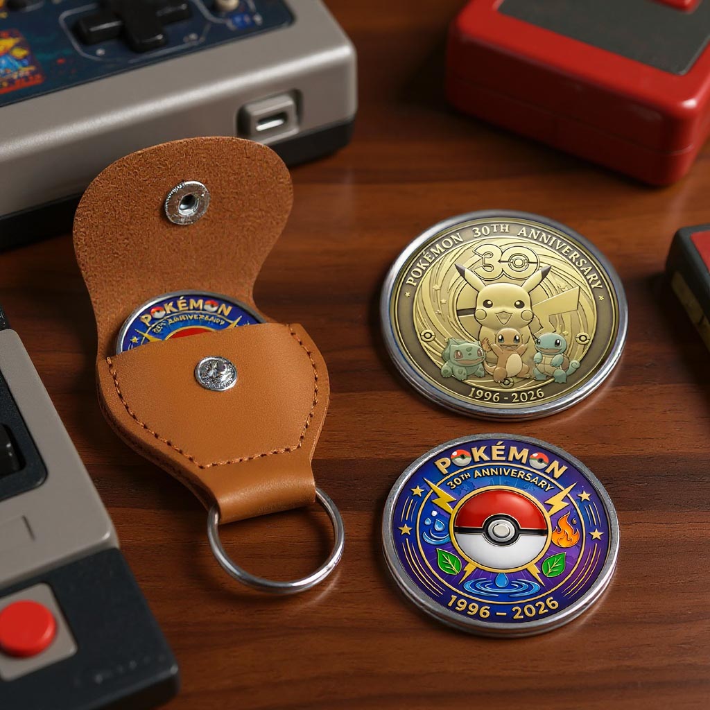 Pokémon 30th Anniversary Printed Commemorative Coin With Pocket Hug Leather Keychain