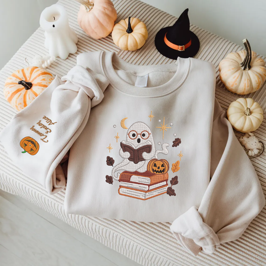 Halloween Personalized Embroidered Ghost Reading Books Hoodie Sweatshirt T-Shirt