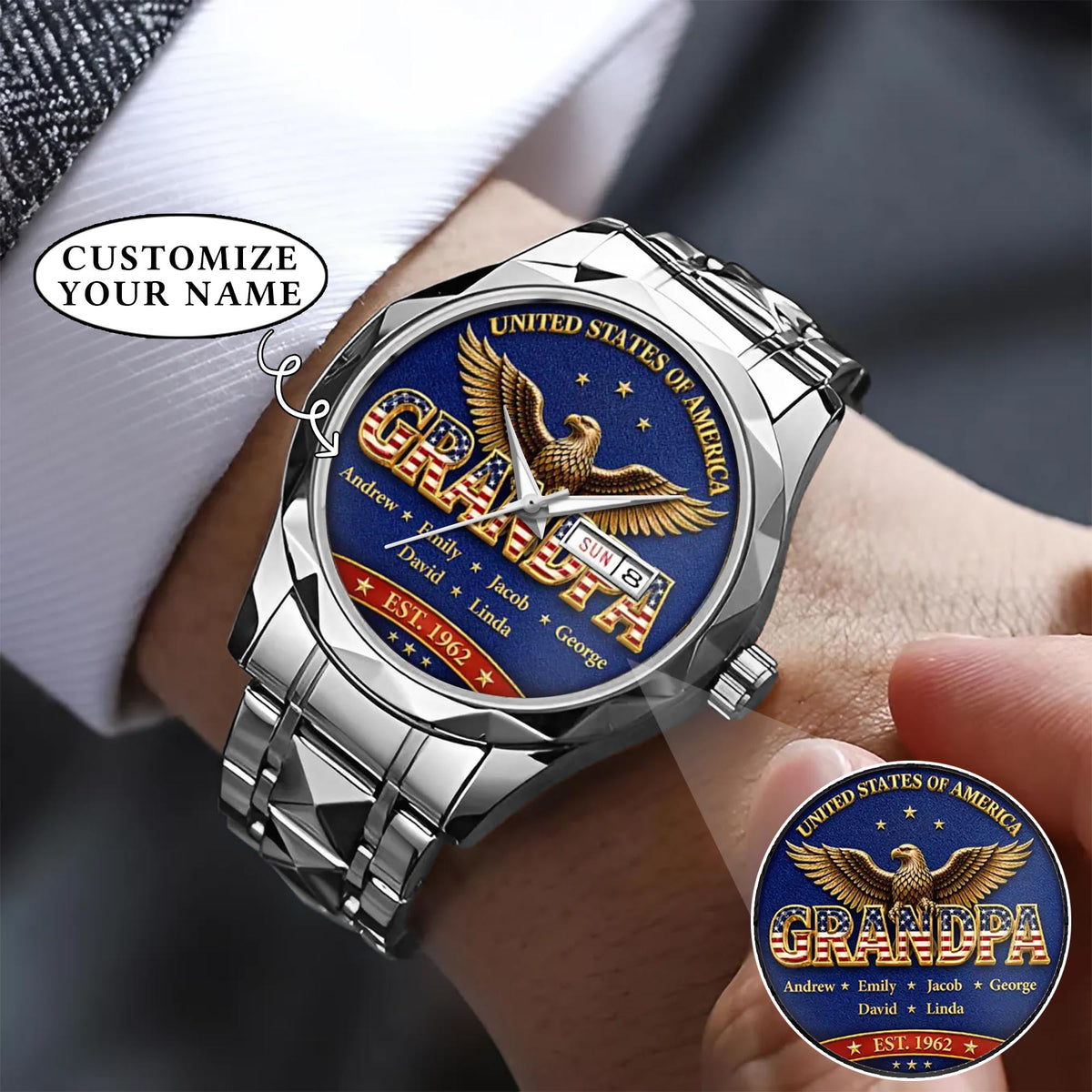 Personalized EST & Names for Independence Day Grandpa Watch