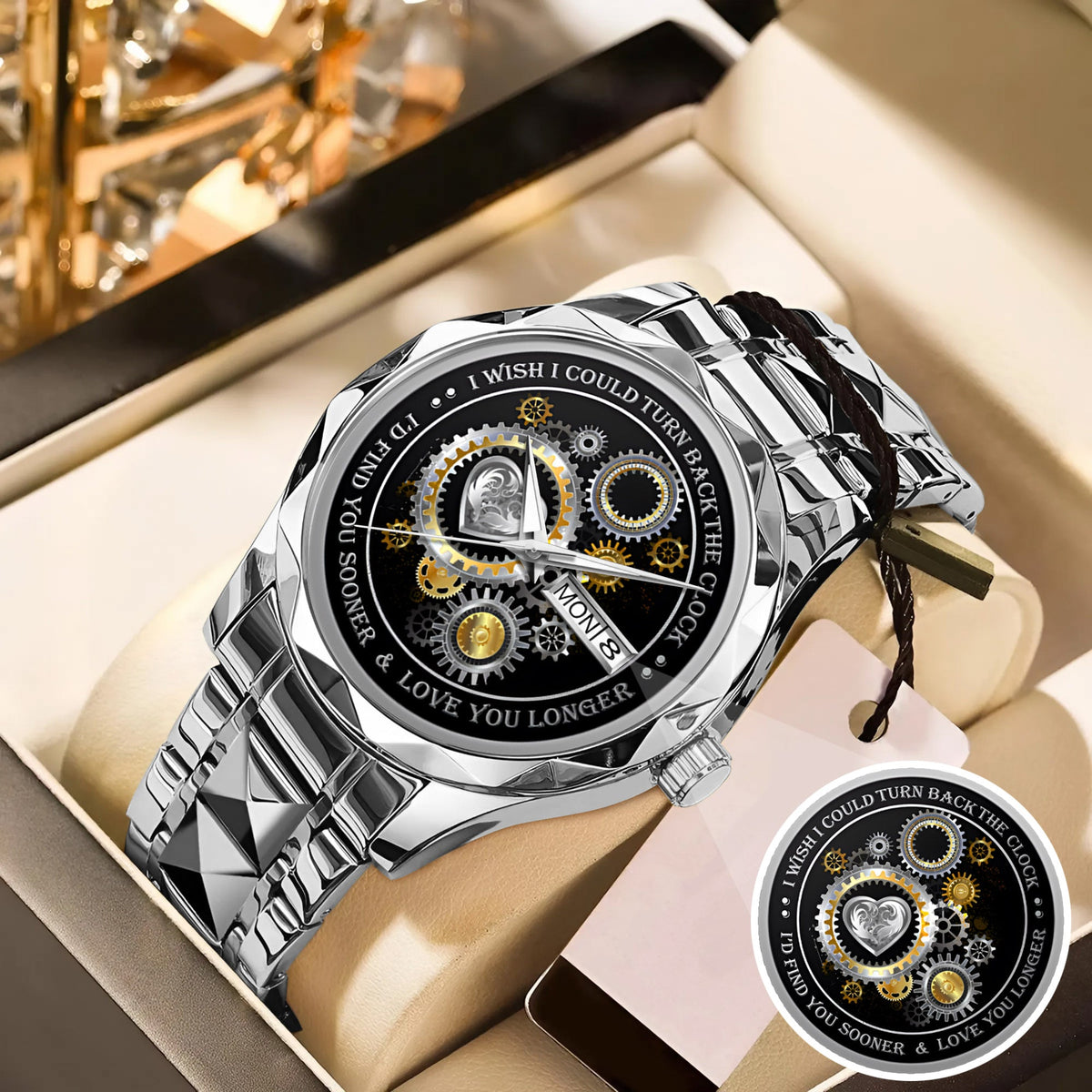 Personalized Silver Gear Heart Watch – Romantic Custom Quote Watch for Husband, Boyfriend, Anniversary & Valentine’s Day