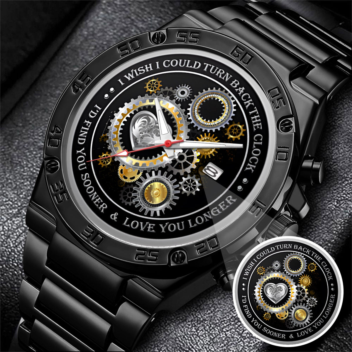 Personalized Silver Gear Heart Watch – Romantic Custom Quote Watch for Husband, Boyfriend, Anniversary & Valentine’s Day