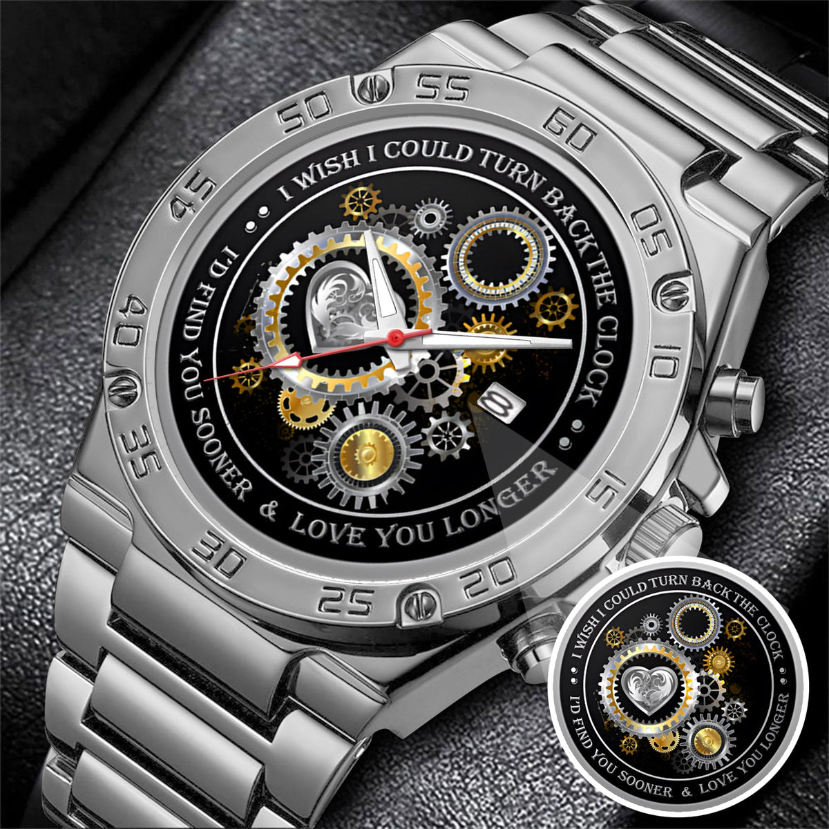 Personalized Silver Gear Heart Watch – Romantic Custom Quote Watch for Husband, Boyfriend, Anniversary & Valentine’s Day