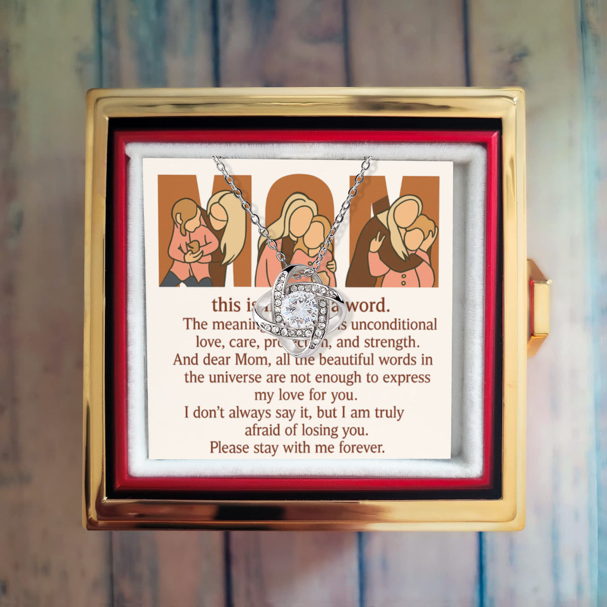 Personalized Love Knot Necklace with 3 Family Photos in Rotating Rose Gift Box for Mom