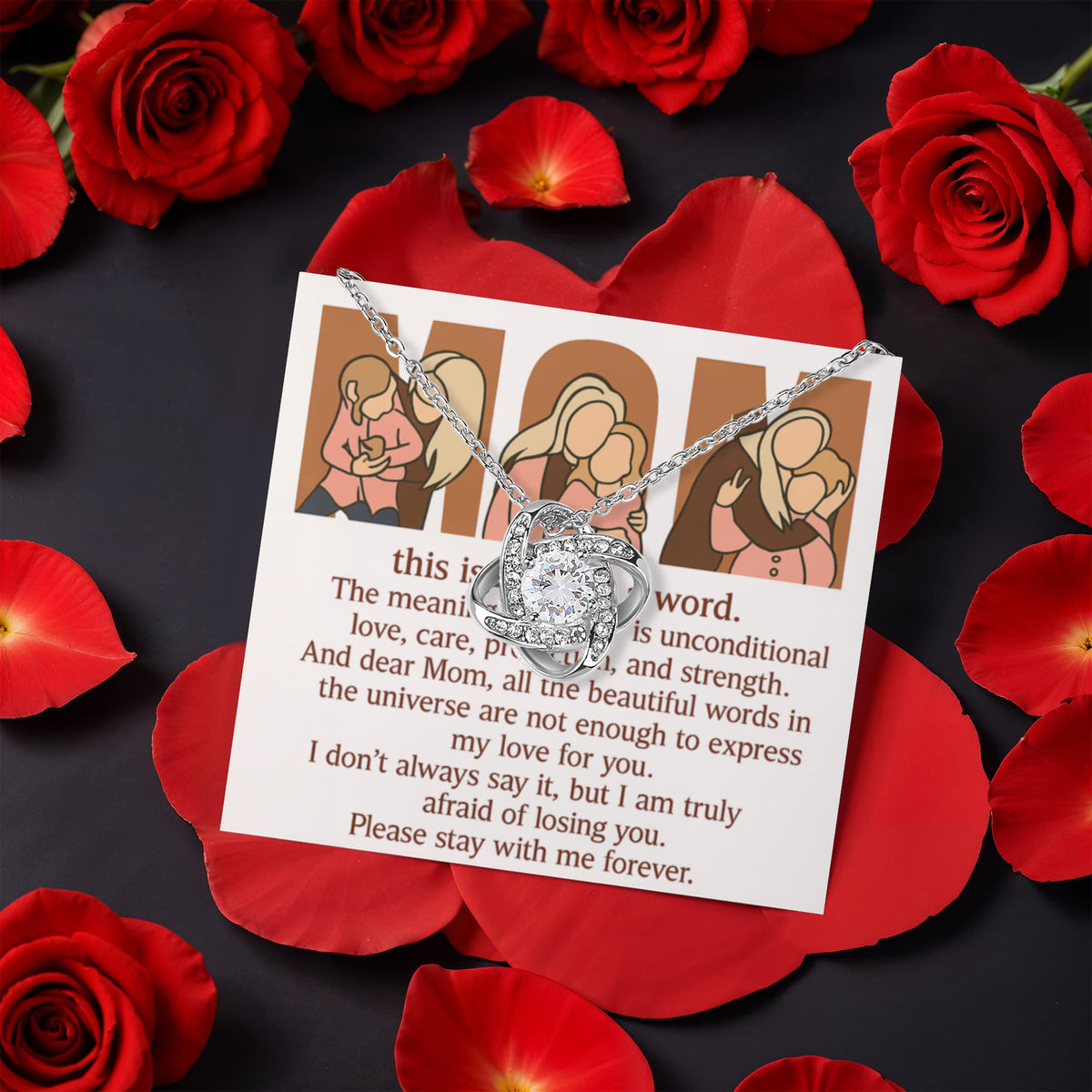 Personalized Love Knot Necklace with 3 Family Photos in Rotating Rose Gift Box for Mom