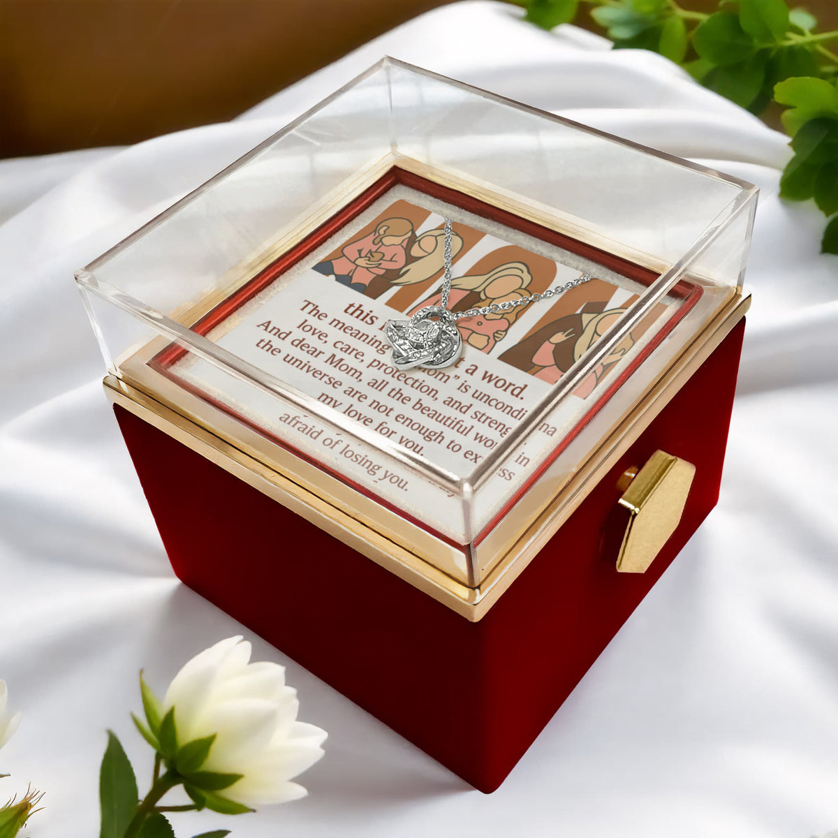 Personalized Love Knot Necklace with 3 Family Photos in Rotating Rose Gift Box for Mom