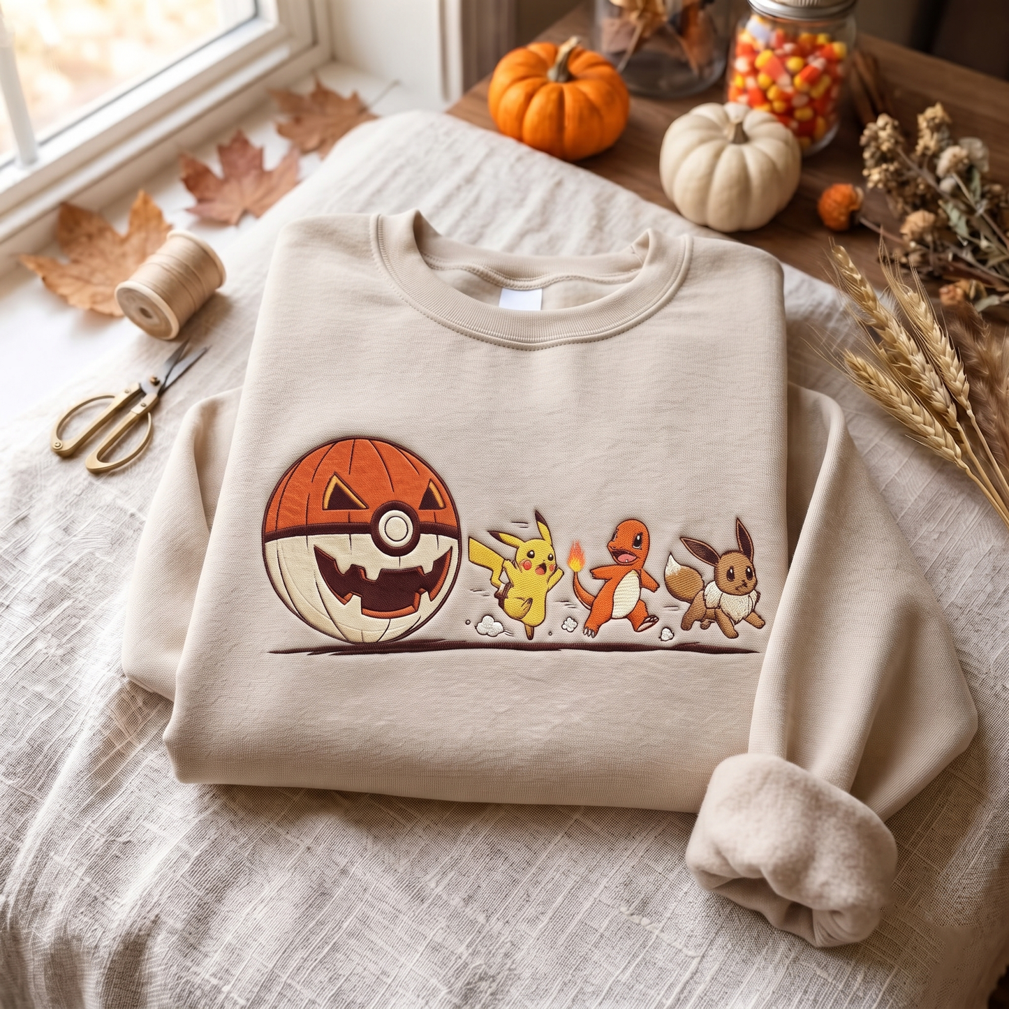 Custom PKM Halloween Character Embroidered Shirt, Cute Pumpkin Chase