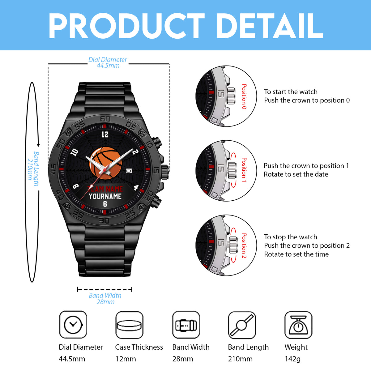 Basketball Personalized Team Name, Name & Number Quartz Watch