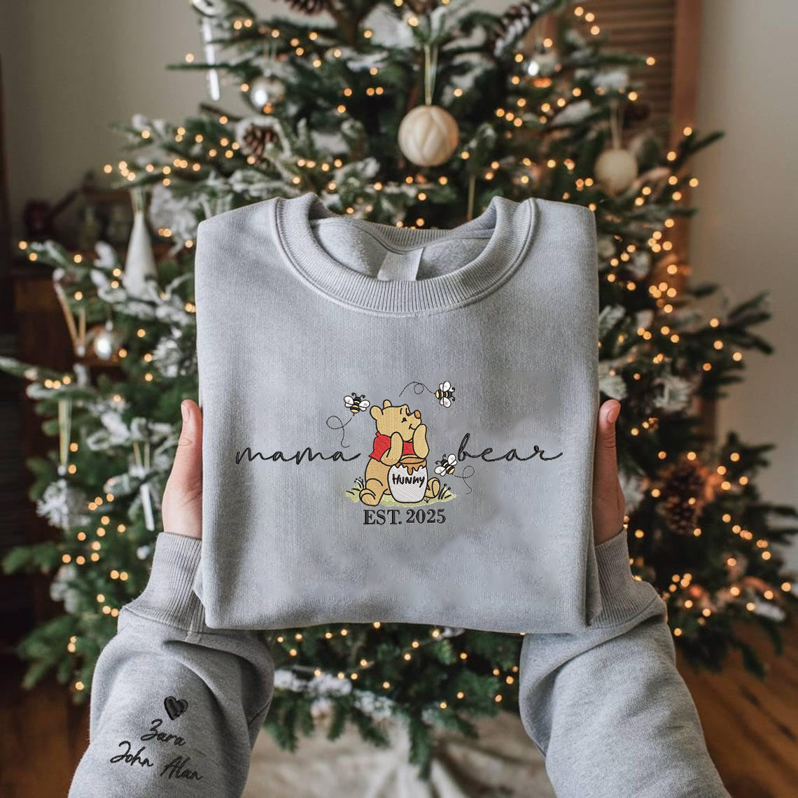 Personalized Embroidered Mama Bear With Name On Sleeve Hoodie Sweatshirt T-Shirt Mother's Day Father's Day Christmas Gift