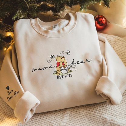 Personalized Embroidered Mama Bear With Name On Sleeve Hoodie Sweatshirt T-Shirt Mother's Day Father's Day Christmas Gift