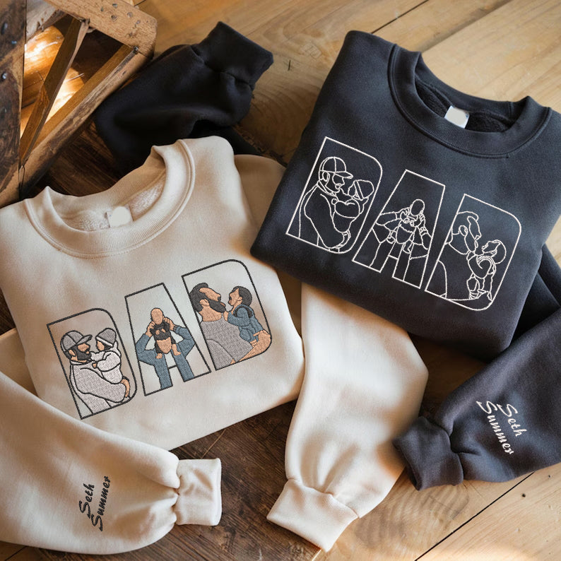 Father's Day Personalized Embroidered 3 Family Photos Hoodie Sweatshirt T-Shirt, Gift For Dad, Father's Day Gift