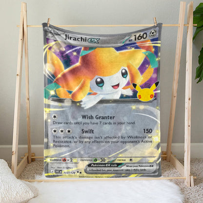 Jirachi PKM Custom Fleece Blanket – Personalized Anime Card Throw Blanket