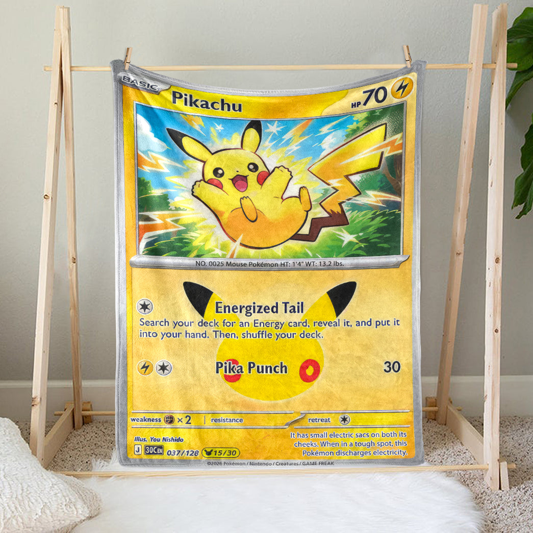 Pikachu PKM Custom Fleece Blanket – Personalized Trading Card Throw Blanket