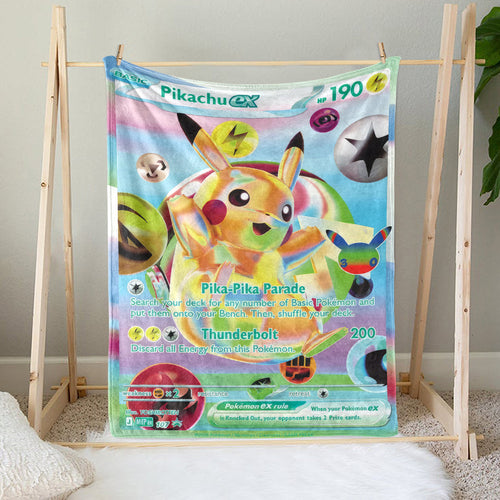 PKM Pikachu Custom Fleece Blanket – Personalized Trading Card Throw Blanket, Ultra Soft Plush Gift for Kids, Gamers & Collectors