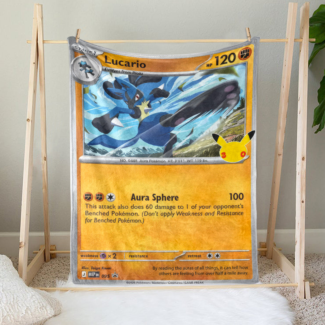 PKM Lucario Custom Fleece Blanket - Personalized Trading Card Throw Blanket