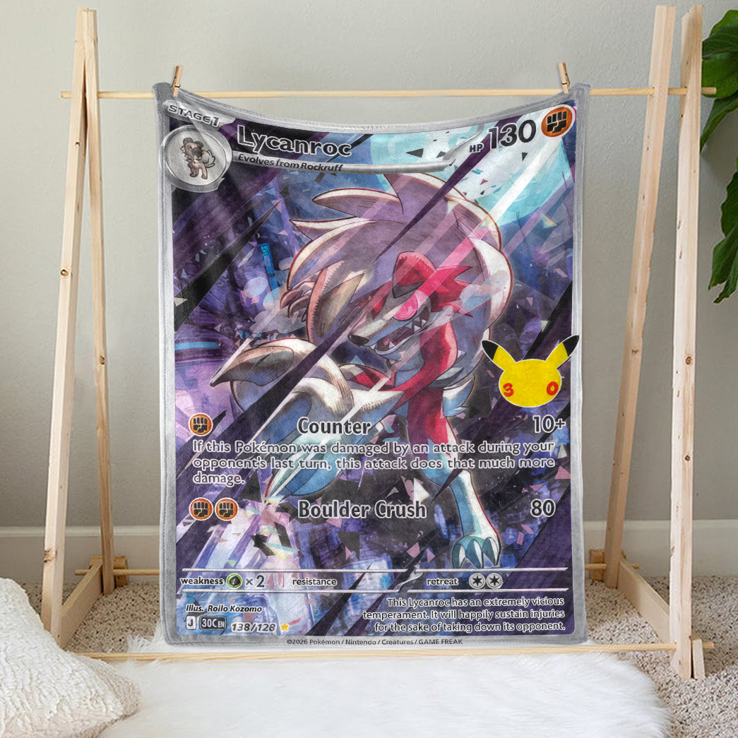 PKM Lycanroc Custom Fleece Blanket – Personalized Trading Card Throw Blanket